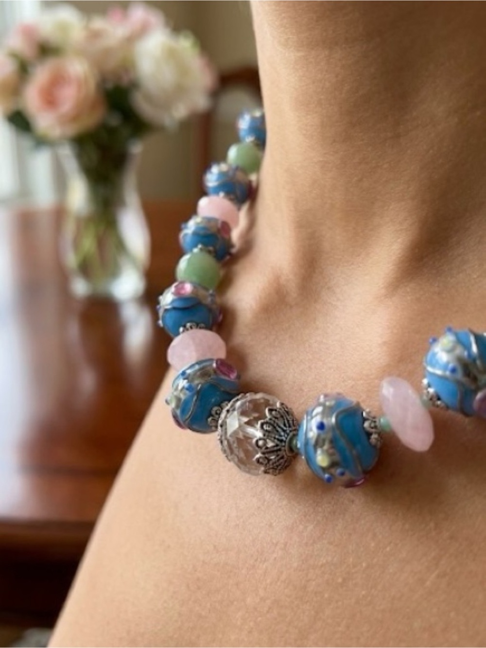 Aprilsplace Hand Knotted Necklace Blue Wedding Cake Pink Jade Aventurine 22” NWT - Picture 2 of 6